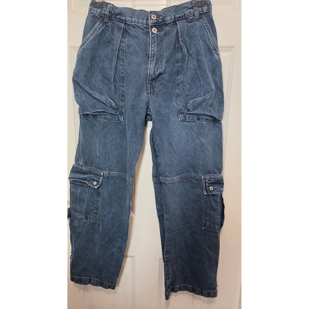 We The‎ Free People Cargo Jeans Womens 30 Blue Denim Utility Pleated Wide Leg